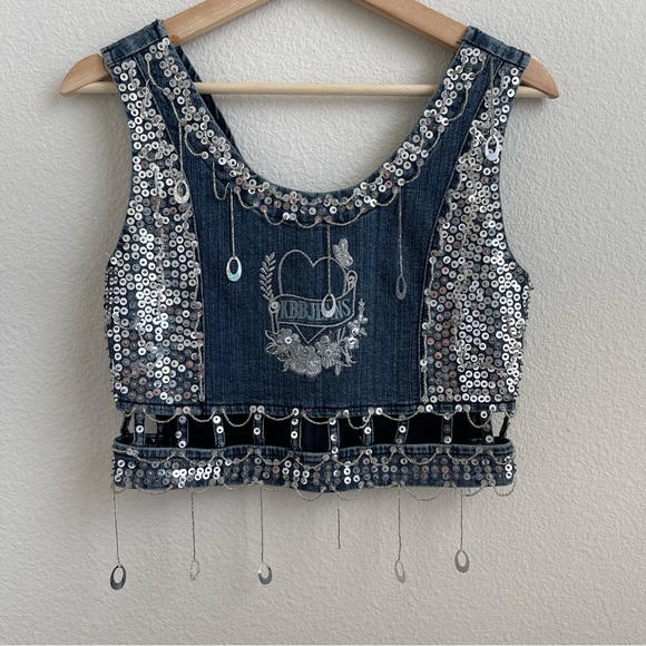 KBB JEANS Vintage 90s Dark Wash Denim Sequin Beaded Handmade Smocked Tank Top - Picture 1 of 11